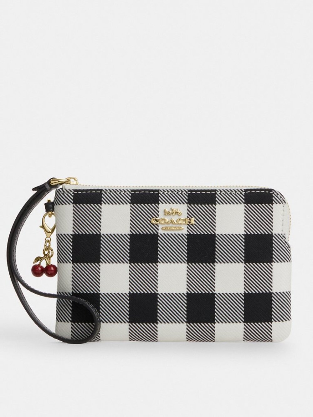 Coach Corner Zip Wristlet With Gingham Print And Charm